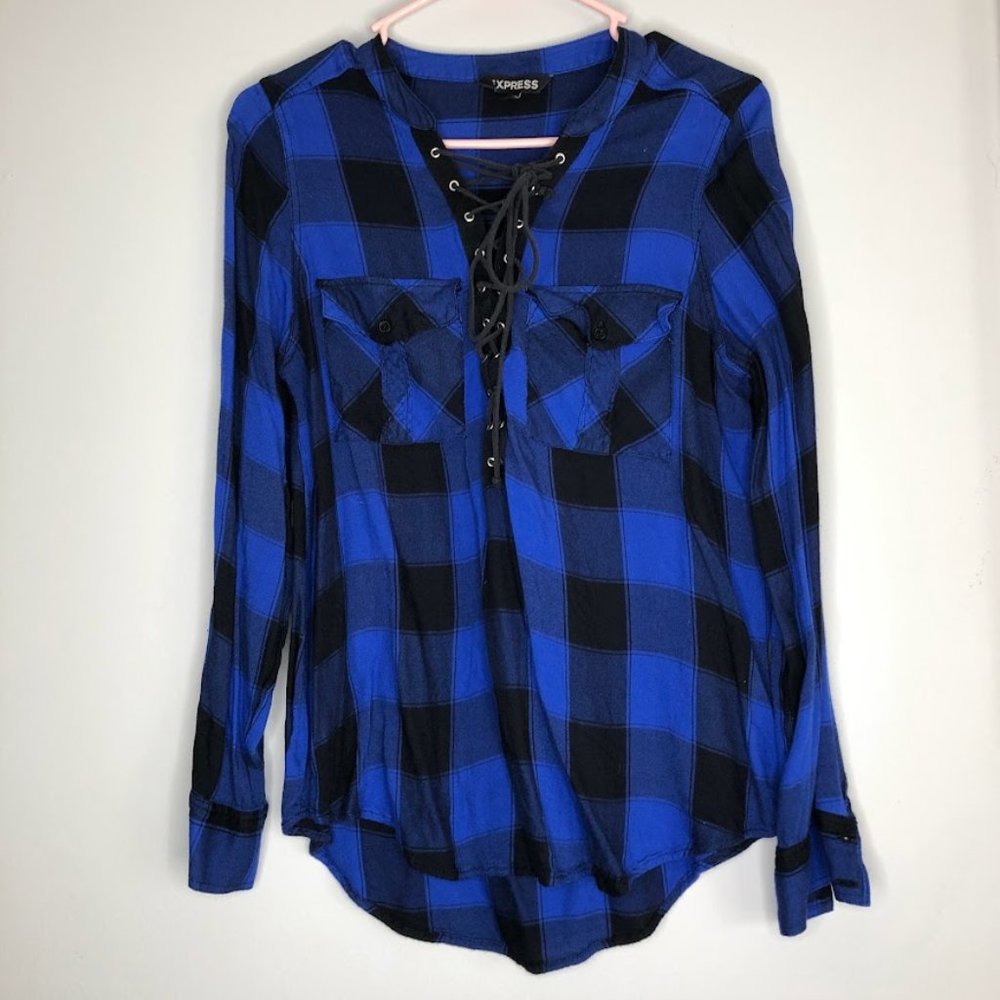 Express Blue and Black Lumber jack plaid flannel lace up shirt